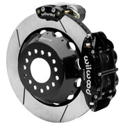 Wilwood Big Ford 2.36-inch-offset axle rear assembly with a 14.00-inch GT-slotted rotor, black Superlite 4R hydraulic service caliper and smaller electric parking caliper with motor housing