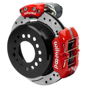 Wilwood Small Ford 2.50-inch-offset axle rear assembly with an 11.00-inch drilled-and-slotted rotor, red Dynapro Low Profile hydraulic service caliper and smaller electric parking caliper with motor housing