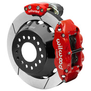 Wilwood Small Ford 2.50-inch-offset axle rear assembly with a 12.88-inch GT-slotted rotor, red Superlite 4R hydraulic service caliper and smaller electric parking caliper with motor housing