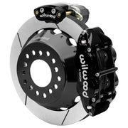 Wilwood Small Ford 2.50-inch-offset axle rear assembly with a 12.88-inch GT-slotted rotor, black Superlite 4R hydraulic service caliper and smaller electric parking caliper with motor housing