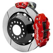 Wilwood Small Ford 2.50-inch-offset axle rear assembly with a 14.00-inch GT-slotted rotor, red Superlite 4R hydraulic service caliper and smaller electric parking caliper with motor housing