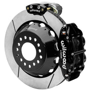 Wilwood Small Ford 2.50-inch-offset axle rear assembly with a 14.00-inch GT-slotted rotor, black Superlite 4R hydraulic service caliper and smaller electric parking caliper with motor housing