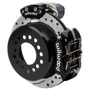 Wilwood Small Ford 2.66-inch-offset axle rear assembly with an 11.00-inch drilled-and-slotted rotor, black Dynapro Low Profile hydraulic service caliper and smaller electric parking caliper with motor housing