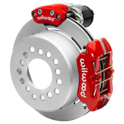 Wilwood Small Ford 2.66-inch-offset axle rear assembly with an 11.00-inch plain-face rotor, red Dynapro Low Profile hydraulic service caliper and smaller electric parking caliper with motor housing