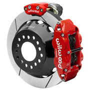 Wilwood Small Ford 2.66-inch-offset axle rear assembly with a 12.88-inch GT-slotted rotor, red Superlite 4R hydraulic service caliper and smaller electric parking caliper with motor housing