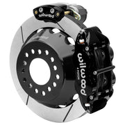 Wilwood Small Ford 2.66-inch-offset axle rear assembly with a 12.88-inch GT-slotted rotor, black Superlite 4R hydraulic service caliper and smaller electric parking caliper with motor housing