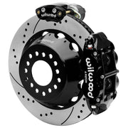 Wilwood Small Ford 2.66-inch-offset axle rear assembly with a 14.00-inch drilled-and-slotted rotor, black Superlite 4R hydraulic service caliper and smaller electric parking caliper with motor housing