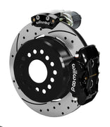Wilwood 12 Bolt 2.75-inch-offset axle rear assembly with a 12.19-inch drilled-and-slotted rotor, black Dynalite hydraulic service caliper and smaller electric parking caliper with motor housing