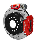 Wilwood 12 Bolt 2.75-inch-offset axle rear assembly with a 12.19-inch drilled-and-slotted rotor, red Dynalite hydraulic service caliper and smaller electric parking caliper with motor housing