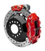 Wilwood 12 Bolt 2.75-inch-offset axle rear assembly with a 12.88-inch drilled-and-slotted rotor, red Superlite 4R hydraulic service caliper and smaller electric parking caliper with motor housing