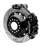 Wilwood 12 Bolt 2.75-inch-offset axle rear assembly with a 14.00-inch drilled-and-slotted rotor, black Superlite 4R hydraulic service caliper and smaller electric parking caliper with motor housing