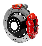 Wilwood 12 Bolt 2.75-inch-offset axle rear assembly with a 14.00-inch drilled-and-slotted rotor, red Superlite 4R hydraulic service caliper and smaller electric parking caliper with motor housing