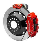 Wilwood 12 Bolt 2.75-inch-offset axle rear assembly with a 14.00-inch GT-slotted rotor, red Superlite 4R hydraulic service caliper and smaller electric parking caliper with motor housing