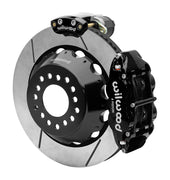 Wilwood 12 Bolt 2.75-inch-offset axle rear assembly with a 14.00-inch GT-slotted rotor, black Superlite 4R hydraulic service caliper and smaller electric parking caliper with motor housing