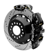 Wilwood 12 Bolt 2.75-inch-offset axle rear assembly with a 14.00-inch drilled-and-slotted rotor, black AERO4 hydraulic service caliper and smaller electric parking caliper with motor housing