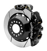 Wilwood 12 Bolt 2.75-inch-offset axle rear assembly with a 14.00-inch GT-slotted rotor, black AERO4 hydraulic service caliper and smaller electric parking caliper with motor housing