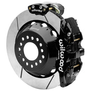 Wilwood Big Ford 2.36-inch-offset axle rear assembly with a 14.00-inch GT-slotted rotor, black AERO4 hydraulic service caliper and smaller electric parking caliper with motor housing