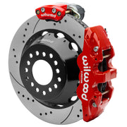 Wilwood red rear caliper beside the assembled 14.00-inch drilled and slotted rotor for the Small Ford 2.66-inch offset brake conversion, showing the separate electric parking caliper