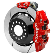 Wilwood red rear caliper beside the assembled 14.00-inch slotted rotor for the Small Ford 2.66-inch offset brake conversion, showing the separate electric parking caliper