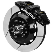 Wilwood black front caliper beside the assembled 14.00-inch slotted rotor for the GM second-generation AFX ProSpindle brake conversion, with the hub and wheel studs visible