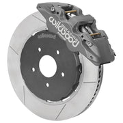 Wilwood gray anodized front caliper beside the assembled 14.00-inch slotted rotor for the AERO6-ST GM lug-drive race brake conversion