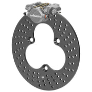 Wilwood gray caliper assembled with the drilled aluminum rotor for the left-front sprint brake