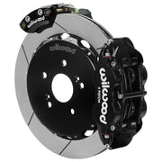 Wilwood black rear caliper beside the assembled 12.88-inch slotted rotor for the Honda S2000 electric parking brake conversion, showing the separate electric parking caliper