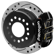 Wilwood black rear caliper beside the assembled 11.00-inch drilled and slotted rotor for the Ford Explorer 8.8 low-profile 2.54-inch offset brake conversion