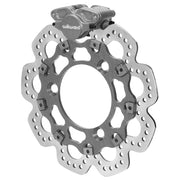 Wilwood gray caliper assembled with the scalloped drilled Super Alloy rotor and dynamic mounting plate for the left-front sprint brake