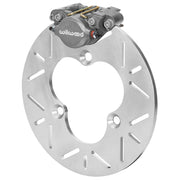 Wilwood gray caliper assembled with the slotted titanium rotor for the left-front sprint brake