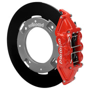 Wilwood red rear caliper beside the assembled 11.25-inch undrilled rotor for the Can-Am Maverick X3 UTV4 brake conversion