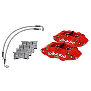 Wilwood red front Superlite calipers with brake pads and two braided flexlines for the 1969–1983 Porsche 911 caliper conversion