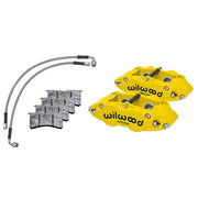 Wilwood yellow front Superlite calipers with brake pads and two braided flexlines for the 1969–1983 Porsche 911 caliper conversion