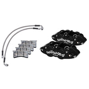 Wilwood black front Superlite calipers with brake pads and two braided flexlines for the 1984–1989 Porsche 911 caliper conversion