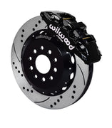 Wilwood front AERO6 brake kit for DSE C10 14.25-inch configuration: Black AERO6 caliper over a drilled and slotted rotor and black center hat in an assembled brake view.