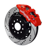 Wilwood front AERO6 brake kit for DSE C10 14.25-inch configuration: Red-finish AERO6 caliper over a drilled and slotted rotor and black center hat in an assembled brake view.