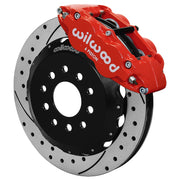 Wilwood front FNSL6R brake kit for DSE C10 13.06-inch conversion: Red-finish FNSL6R caliper over a drilled and slotted rotor and black center hat in an assembled brake view.
