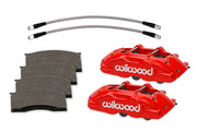 Wilwood front D11 brake kit for Ford/Mercury disc spindles: Red-finish D11 caliper pair with pad friction faces and two braided flexlines visible in a closer parts grouping.