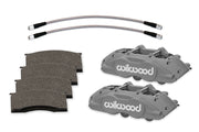 Wilwood front D11 brake kit for Ford/Mercury disc spindles: Gray anodized D11 caliper pair with pad friction faces and two braided flexlines visible in a closer parts grouping.