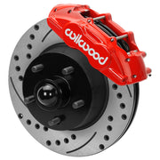 Wilwood front D11 brake kit for Ford/Mercury disc-spindle hub conversion: Red-finish D11 caliper above a drilled and slotted rotor with a projecting wheel hub, five studs and a dust cap.