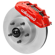 Wilwood front D11 brake kit for Ford/Mercury disc-spindle hub conversion: Red-finish D11 caliper above a plain-faced rotor with a projecting wheel hub, five studs and a dust cap.