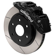 Wilwood front AERODM brake kit for Ford F-150/Expedition and Lincoln Navigator: Assembled black AERODM caliper over a slotted rotor with a black center and large hub opening.