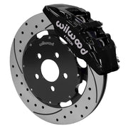 Wilwood front Dynapro 6 brake kit for PT Cruiser/Neon SRT-4: Black Dynapro 6 caliper over a drilled and slotted rotor and black center hat in an assembled brake view.