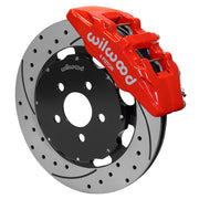 Wilwood front Dynapro 6 brake kit for PT Cruiser/Neon SRT-4: Red-finish Dynapro 6 caliper over a drilled and slotted rotor and black center hat in an assembled brake view.