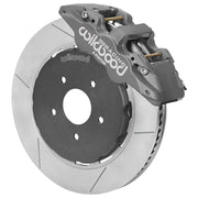 Wilwood front AERO6 brake kit for Mustang road-race package: Gray anodized AERO6 caliper over a slotted rotor and silver center hat in an assembled brake view.