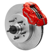 Wilwood front Dynalite-M brake kit for Tri-Five ProSpindle 11.50-inch conversion: Red-finish Dynalite-M caliper above a plain-faced rotor with a projecting wheel hub, five studs and a dust cap.