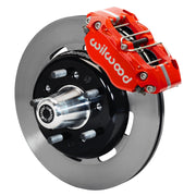 Wilwood front Dynapro brake kit for Tri-Five ProSpindle Dynapro configuration: Assembled plain-faced rotor and black hat with a red-finish Dynapro caliper, projecting hub, five studs and a silver dust cap.