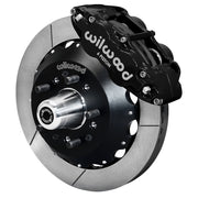 Wilwood front FNSL6R brake kit for Tri-Five ProSpindle 12.88-inch configuration: Assembled slotted rotor and black hat with a black FNSL6R caliper, projecting hub, five studs and a silver dust cap.