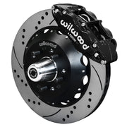 Wilwood front FNSL6R brake kit for Tri-Five ProSpindle 14-inch Superlite configuration: Assembled drilled and slotted rotor and black hat with a black FNSL6R caliper, projecting hub, five studs and a silver dust cap.