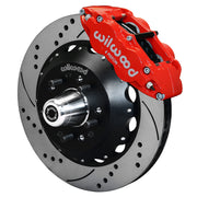 Wilwood front FNSL6R brake kit for Tri-Five ProSpindle 14-inch Superlite configuration: Assembled drilled and slotted rotor and black hat with a red-finish FNSL6R caliper, projecting hub, five studs and a silver dust cap.